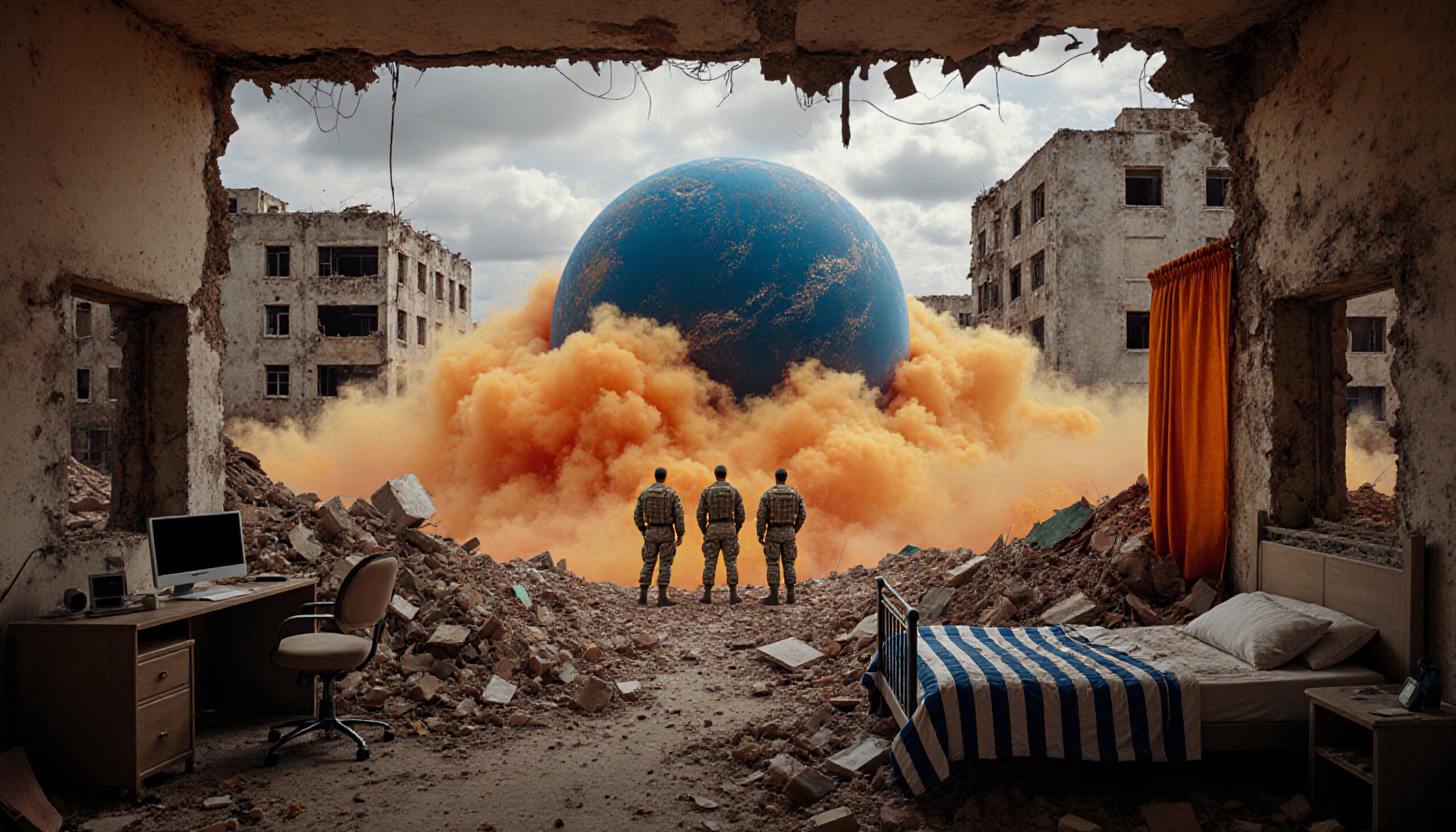Three soldiers face blue sphere