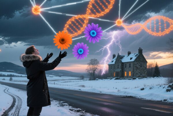 A person stands by a snowy road under a surreal sky with glowing DNA strands and vivid flowers, distant lightning behind.