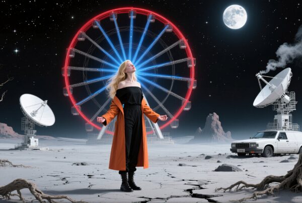 A woman stands before a glowing Ferris wheel under a starry sky, surrounded by satellites, embodying a surreal futuristic landscape.