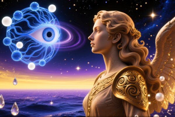 A surreal cosmic scene with an angelic figure and floating eye.