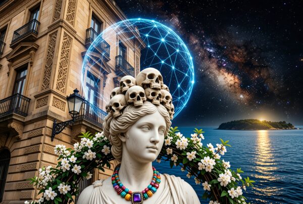 A statue with skulls against an island sunset and galaxy.