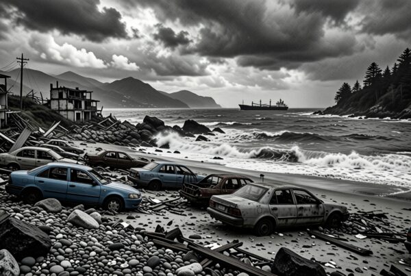Abandoned cars on a rocky shore with a stormy sea and ship in the background.