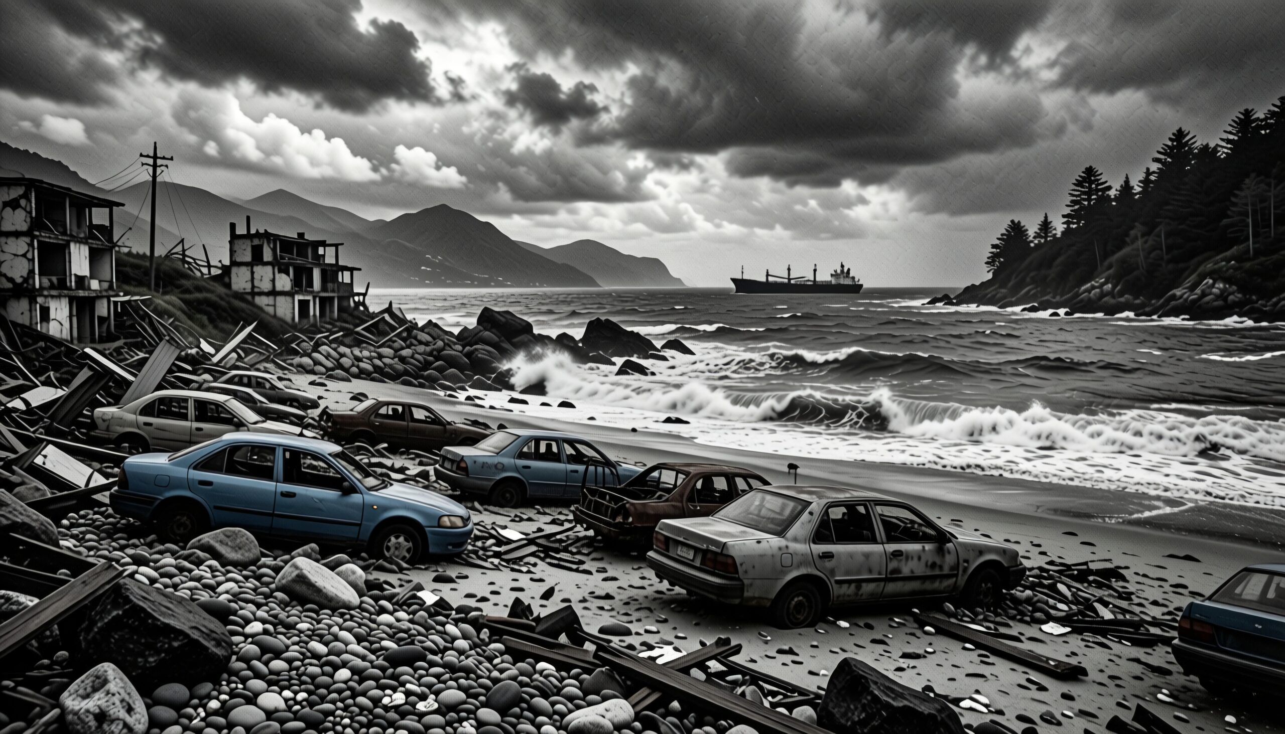 Abandoned Cars on Stormy Coast