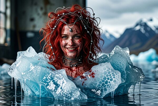 A young woman with vivid red hair and metallic headpiece submerged in icy water against a mountainous backdrop.