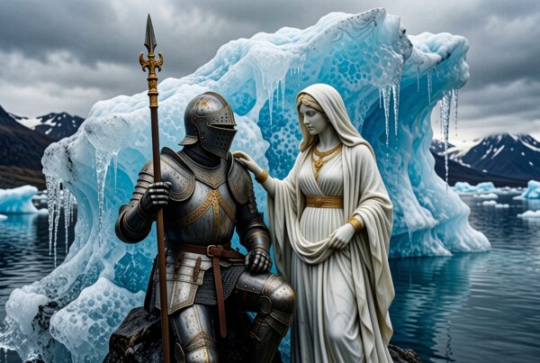 A knight kneels beside a statue by icy glaciers.