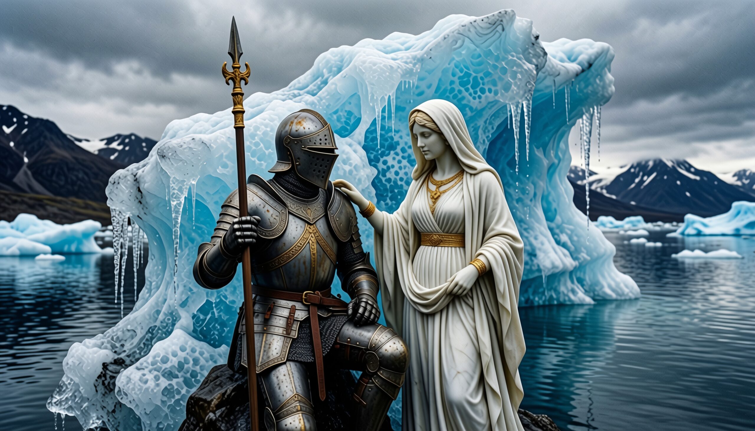 Knight and Statue by Glacier