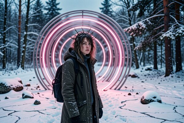 A person wearing a dark coat stands in a snowy forest, surrounded by glowing pink neon rings.