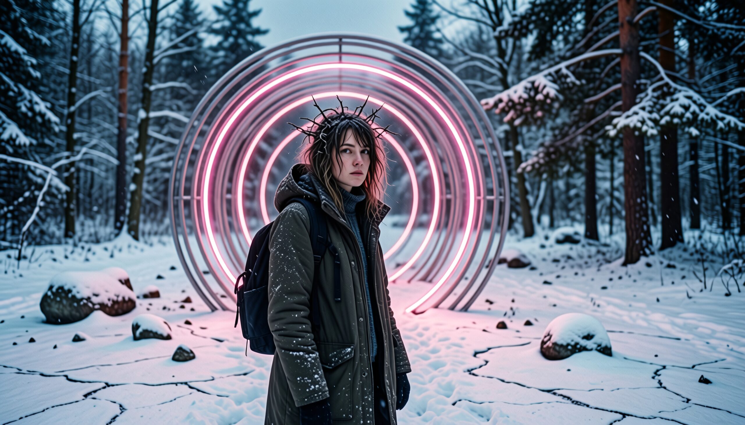 Neon Lights in Winter Forest