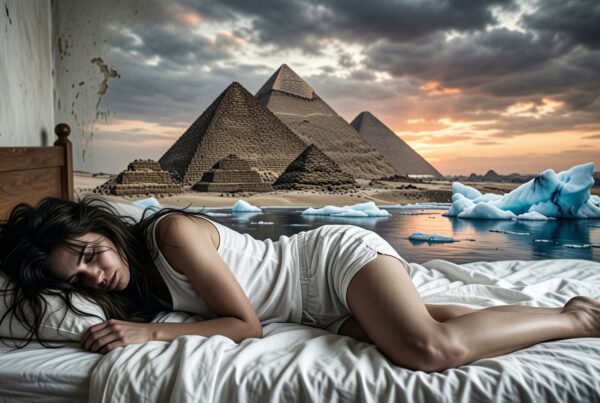 A woman sleeps inside a room with a surreal view of pyramids and icebergs, creating a dreamlike atmosphere.