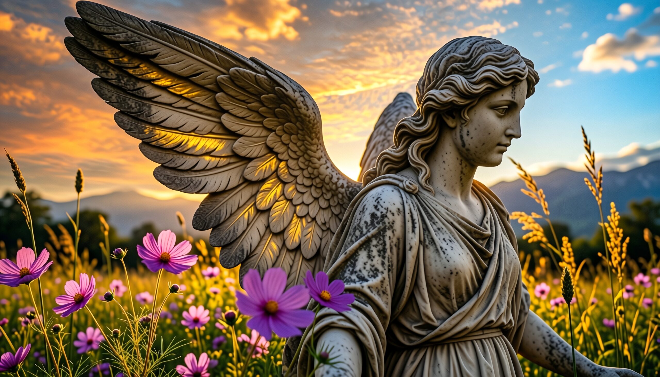 Statue Amidst Flowers and Sunset