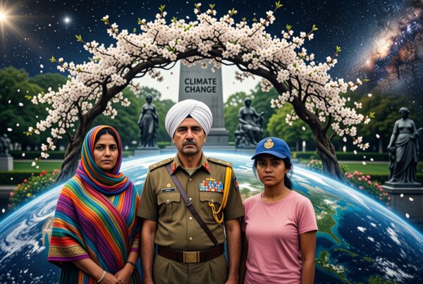 Image depicting diverse people united under a climate change monument with cherry blossoms and a cosmic backdrop.