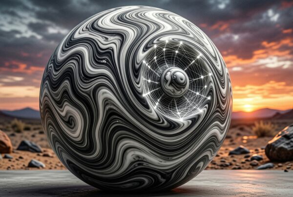 A swirling black and white patterned sphere with a glowing network in a desert landscape at sunset.