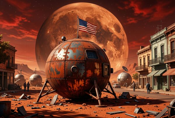 Surreal Martian landscape with futuristic spacecraft and Western town elements under a reddish sky.