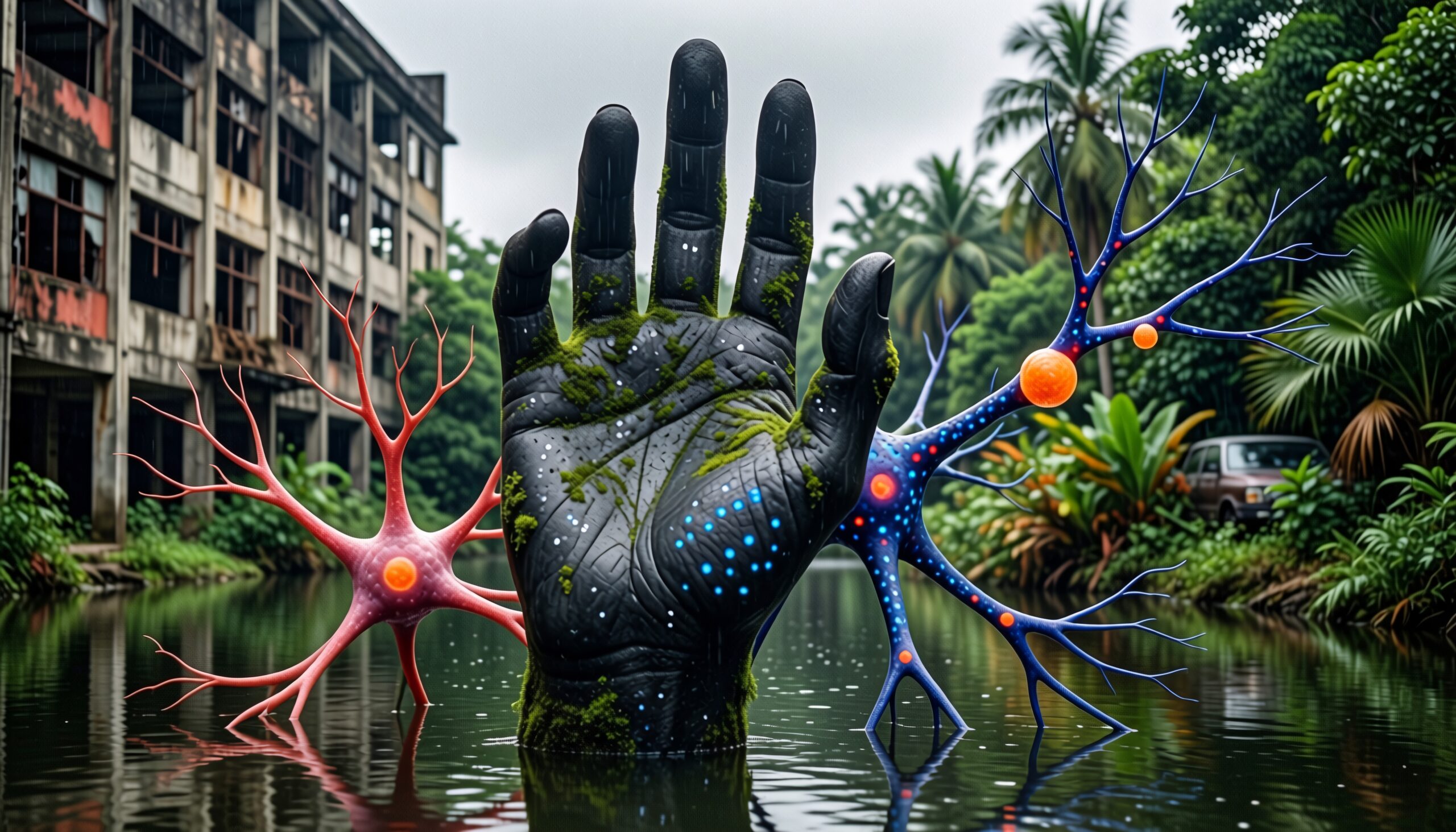 Surreal Hand in Overgrown Landscape