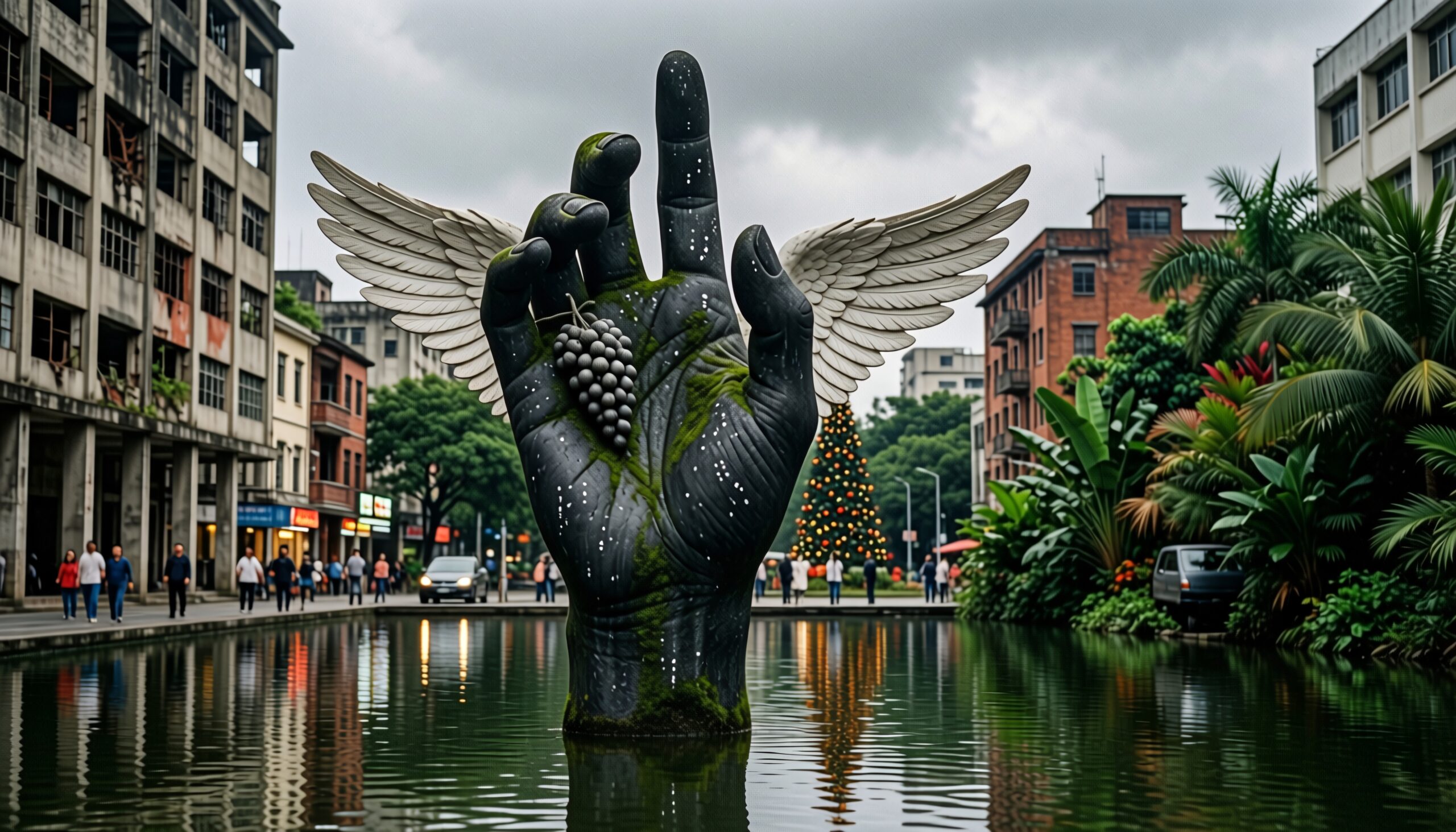 Winged Hand Sculpture in Cityscape