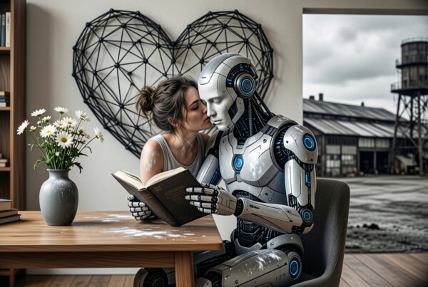 A woman shares a tender moment with a humanoid robot over a book in an industrial setting.