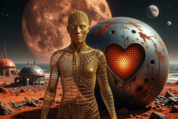 Futuristic scene of robot and Mars colony.