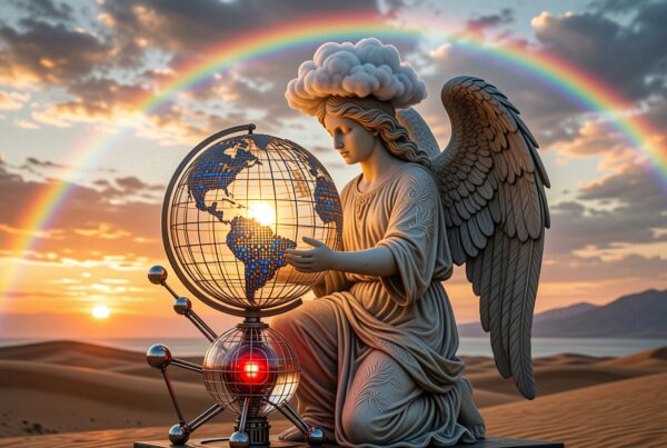An angel with wings kneels by a glowing globe in a desert, framed by a double rainbow at sunset.