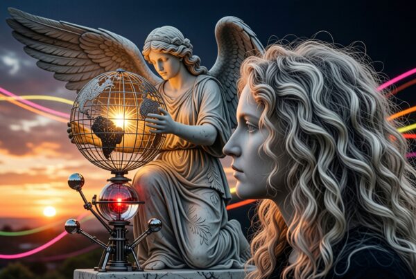 A stone angel statue and a woman with curly hair contemplate a glowing globe against a colorful sunset.