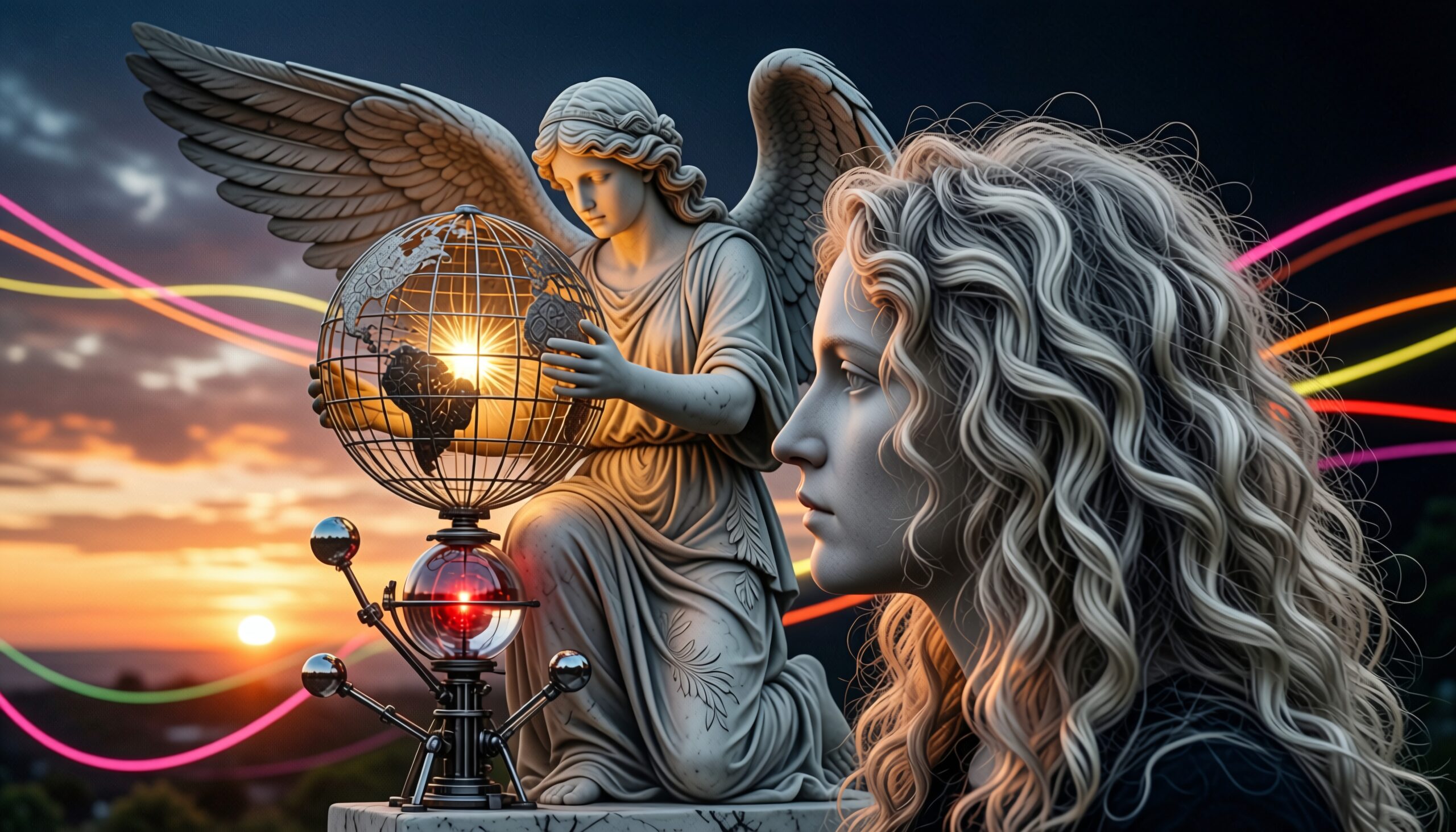 Modern Angel Contemplates Glowing Sphere