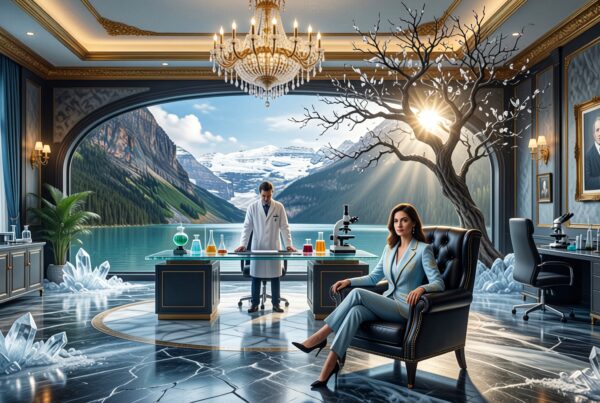 Luxurious office space with mountain view displaying a mix of science and elegance, featuring a man in a lab coat and a seated woman in a suit.
