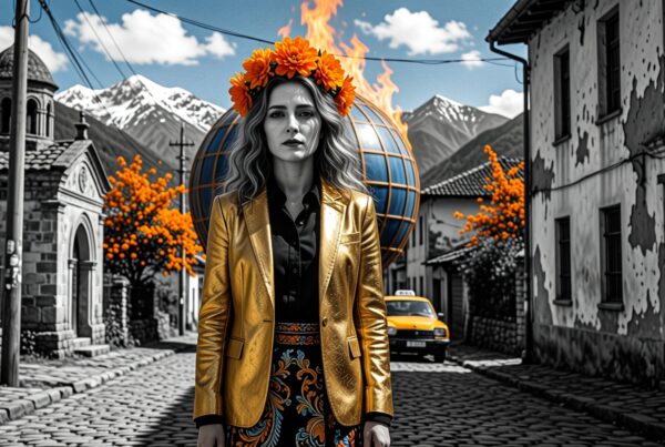 A woman in a gold blazer stands on a cobblestone street with a fiery sphere in the background in a surreal, color-contrasted scene.