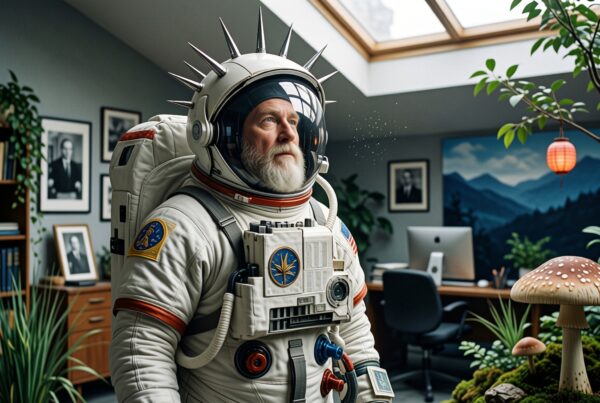 Astronaut in an office surrounded by plants and space-themed decorations.