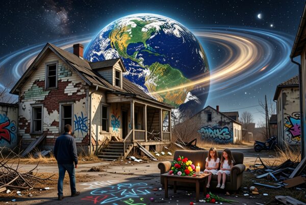 A man and two girls in an abandoned neighborhood with a surreal cosmic backdrop.