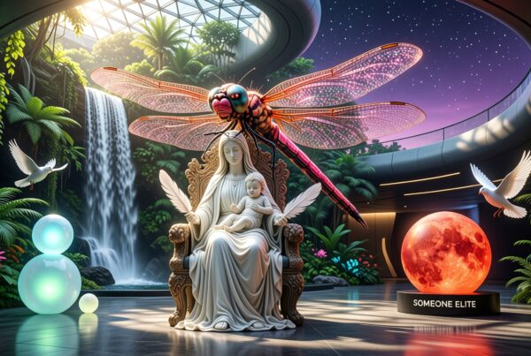 A mystical indoor garden featuring a formidable dragonfly, serene statue, lush greenery, cascading waterfall, and glowing moon.