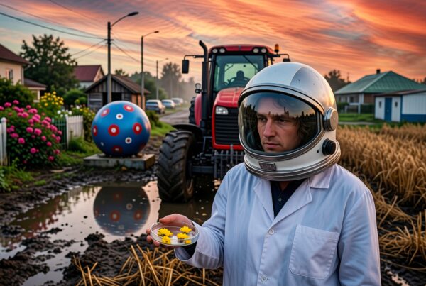 An astronaut in a farm holding flowers with a sunset and tractor in the background.