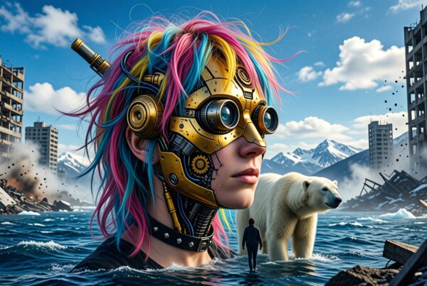 Futuristic cyberpunk scene with colorful-haired individual and polar bear amidst urban ruins.