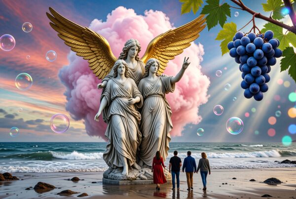 Angel statues by the beach during a surreal sunset with bubbles and grapes.