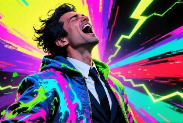 A man in a colorful, electric jacket leans back with energy, surrounded by vibrant, neon lines and shapes.
