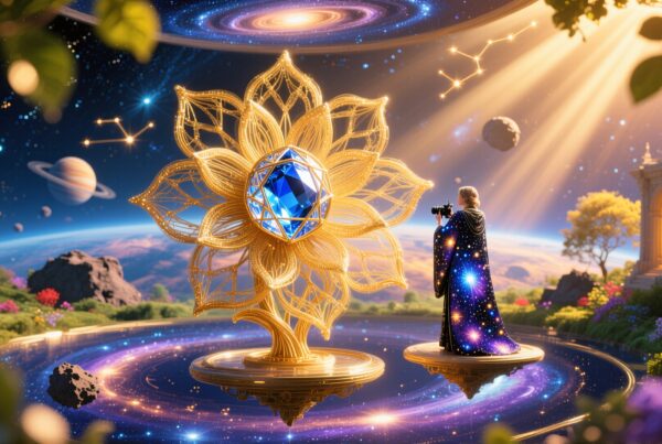 A mystical garden with a cosmic, golden structure under a vibrant celestial sky.