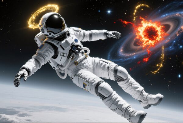 Astronaut floating near a luminous, swirling black hole in outer space, surrounded by stars and the planet below.