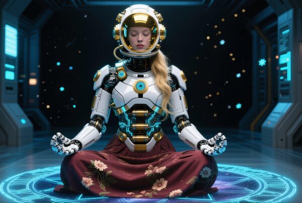 Futuristic humanoid meditating in space station, blending technology and nature.
