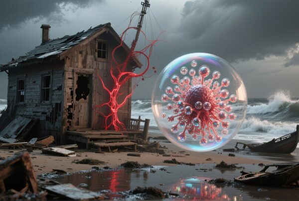 Surreal scene of decaying house with giant floating virus sphere on stormy beach.