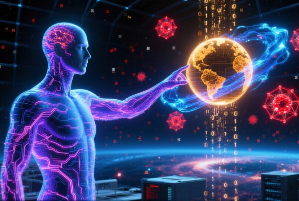Digital humanoid interacting with a glowing Earth, surrounded by binary and futuristic elements, in a high-tech setting.