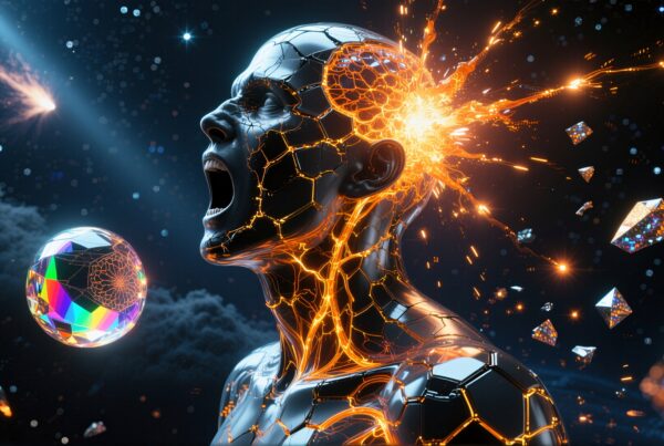 Futuristic humanoid head exploding with vibrant cosmic energy.