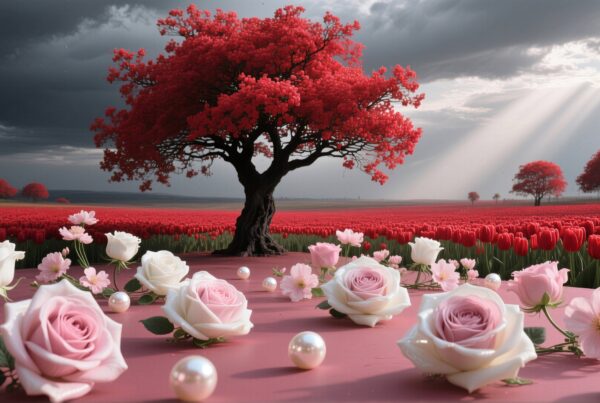 A solitary red tree in a field of red tulips is complemented by pink and white roses and pearls under a dramatic sky.