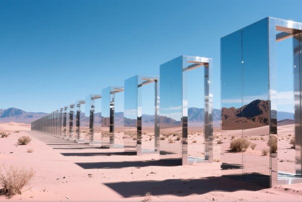 Mirrored pillars reflecting desert landscape.