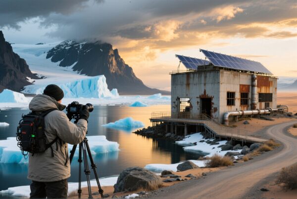 A photographer captures icy landscape at sunset with floating icebergs and a rusting, solar-paneled building.