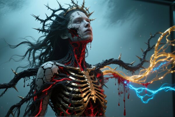 Surreal figure with glowing veins and metallic ribs, combining elements of technology and nature in a misty, ethereal setting.