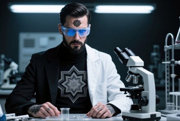 A stylish scientist in a modern lab with geometric patterns and advanced equipment.