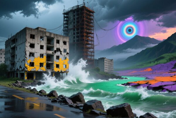 A surreal, apocalyptic scene featuring dilapidated buildings, vibrant green waves, and mysterious glowing sky phenomena in a futuristic landscape.