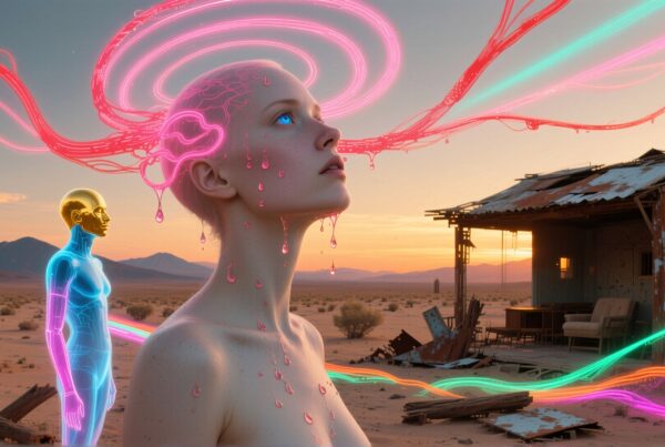 A surreal scene of a woman amidst energy streams in a desert landscape at sunset.
