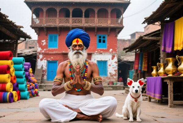A man meditates in a colorful market, surrounded by vibrant fabrics, a decorative dog, and traditional goods.