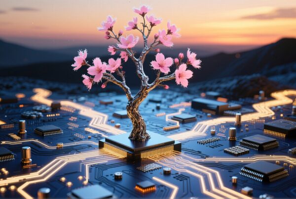 Metallic tree with cherry blossoms on a circuit board under a sunset sky.