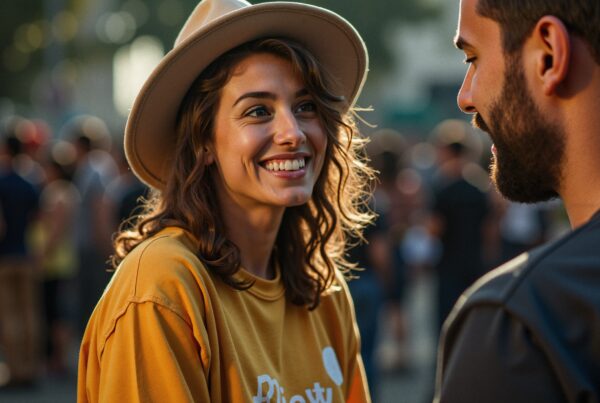 A smiling woman in a hat interacts with a man at an outdoor event, highlighting joyous connection.