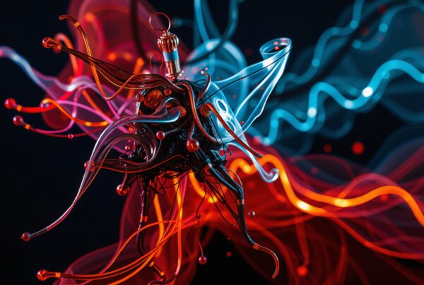 Abstract futuristic design with swirling red and blue tendrils and central metallic structure.